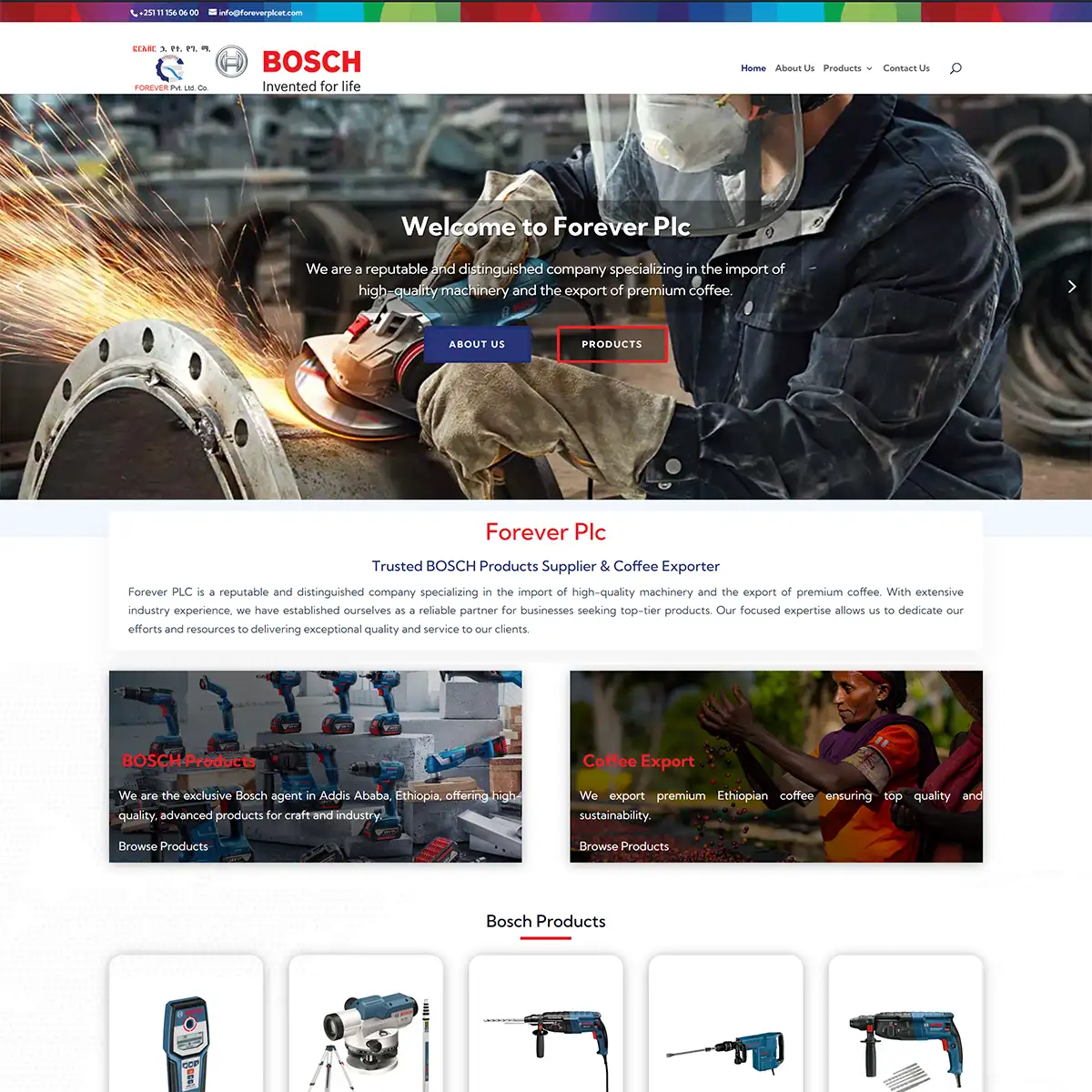 E-Commerce Product Catalog Website Design for BOSCH Machinery Import Company in Ethiopia Forever Plc - Engocha Technologies