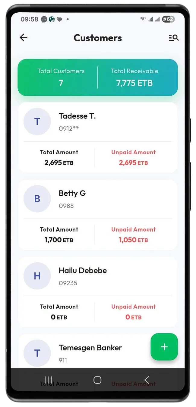 Engocha ERP Ethiopian Stock Inventory and Sales Mobile App Addis Ababa - Mobile App Screenshot Customers English