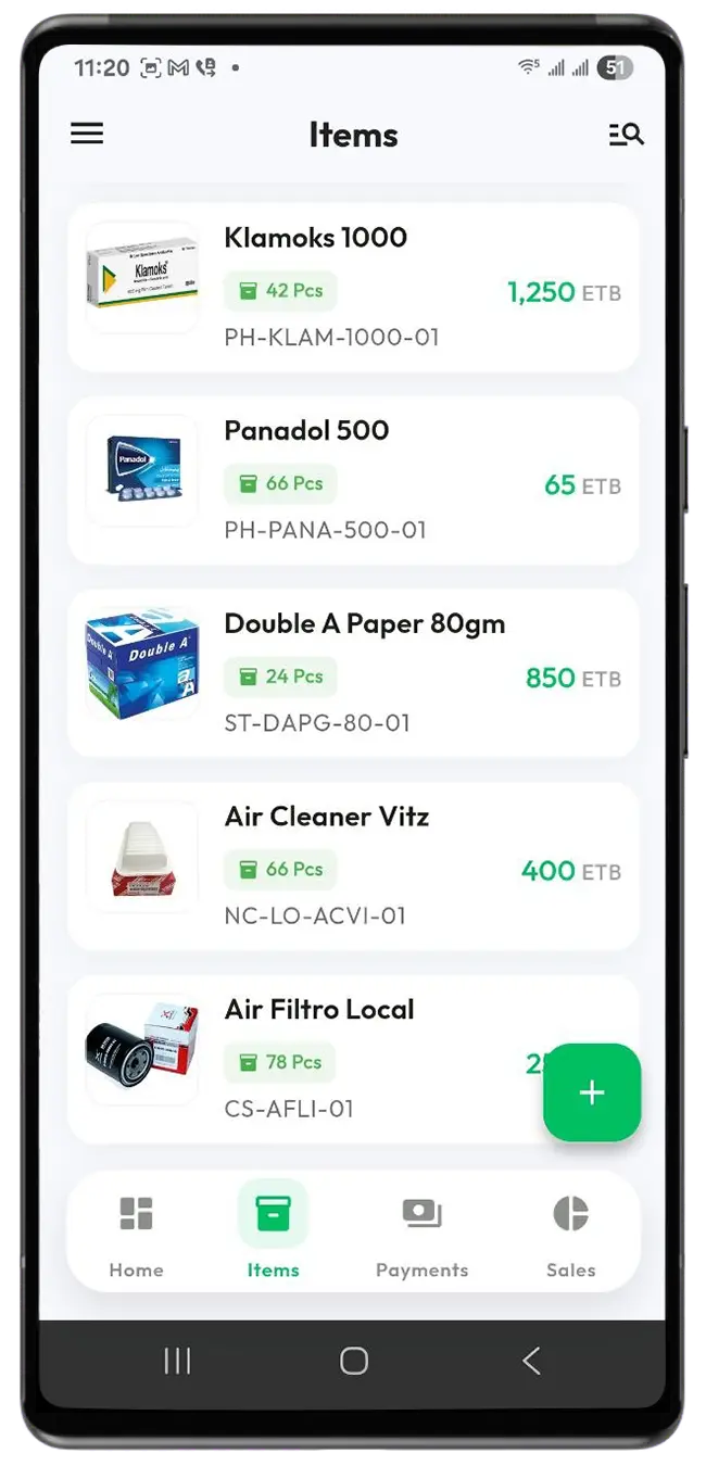 Engocha ERP Ethiopian Stock Inventory and Sales Mobile App Addis Ababa - Mobile App Screenshot Items English