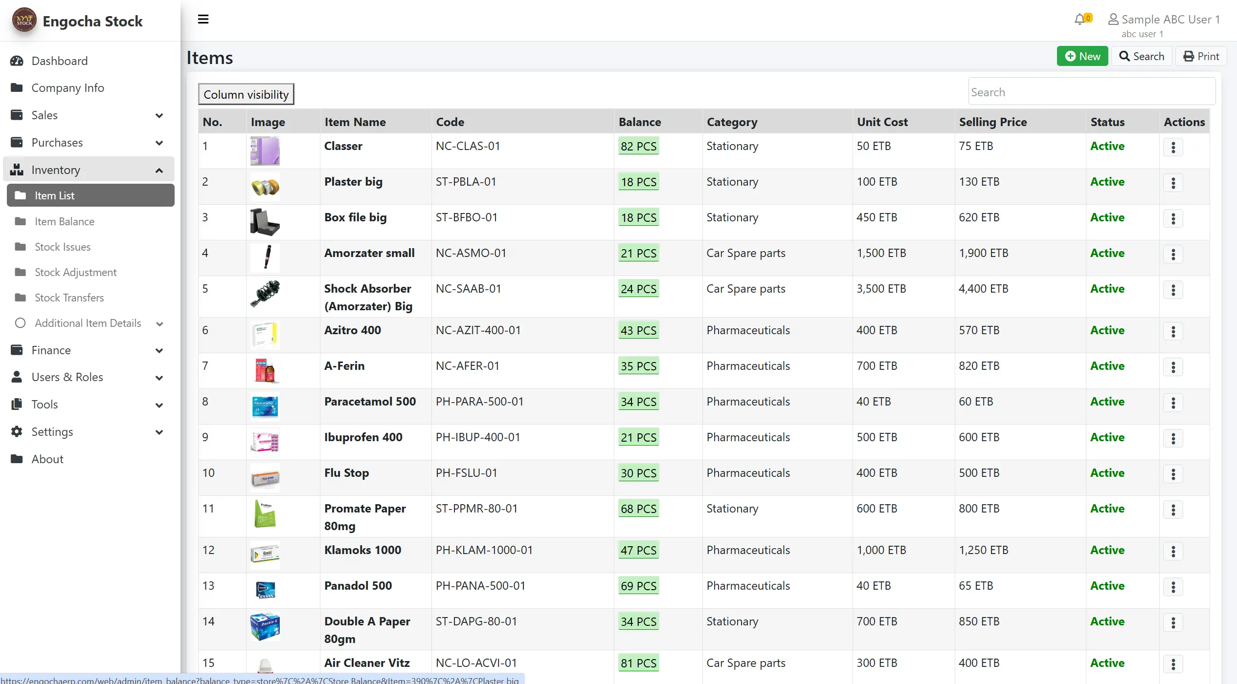 Engocha Ethiopian ERP Stock Inventory and Sales Software - Item Master Page - Desktop Web Preview - English Language