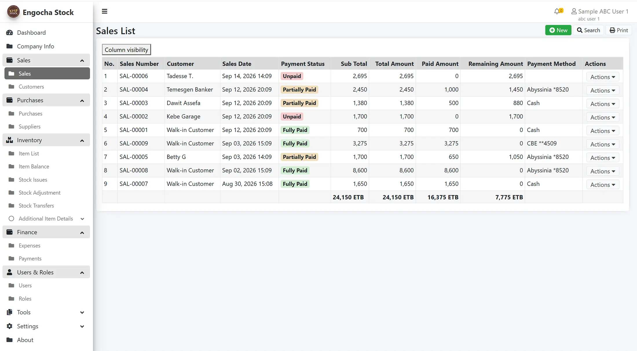 Engocha Ethiopian ERP Stock Inventory and Sales Software - Sales List Master Page - Desktop Web Preview - English Language